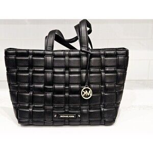Michael Kors Woven Leather Tote Bag Black Gold Logo Luxury